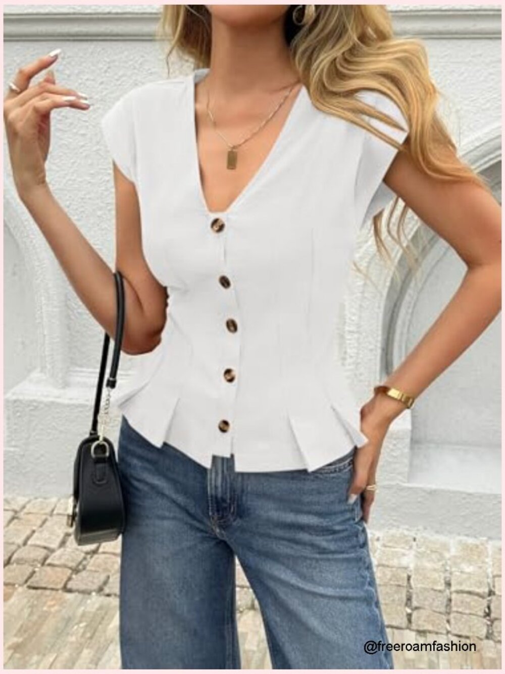 Deep V Neck Vest Top Cap Sleeve Ruffle Shirt Button Up Cotton Fitted Blouse - Picture 2 of 7